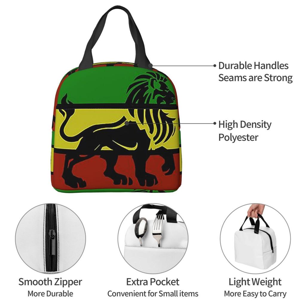 Black Rasta Lion On Rasta Flag Jamaican Reggae Design Insulated Lunch Bag for Women Children Food Boxes Thermal Lunch Box Tote