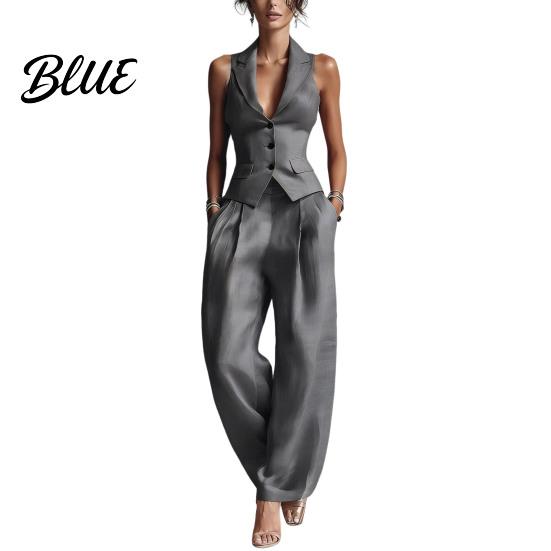 Women Two-piece Women's Summer 2 Piece Business Work Outfits Sleeveless Button Slim Fit Suit Down Vest And Wide Leg Pants Matching Set Clothing