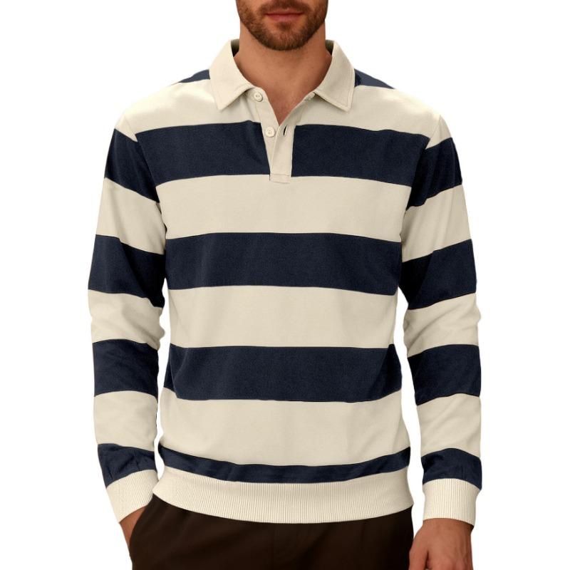 Men s Green Beige Wide Stripe Long Sleeve Polo Shirt Lapel Collar Half Button Casual Top S темно-синий