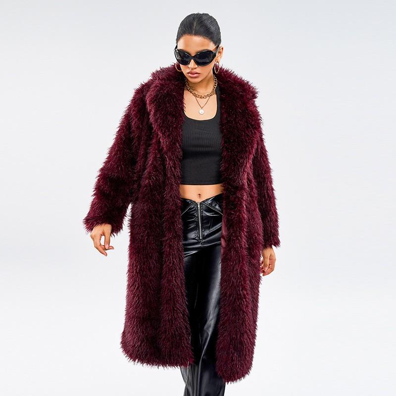 Womens Faux Fur Coat Longline Stylish Winter Outerwear With Fringe Detail Wine Red Gray Cream Beige Black S M L XL XXL