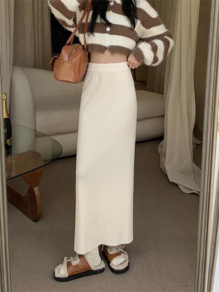Versatile Slimming High-Waist Knitted Midi Skirt for Fall and Winter