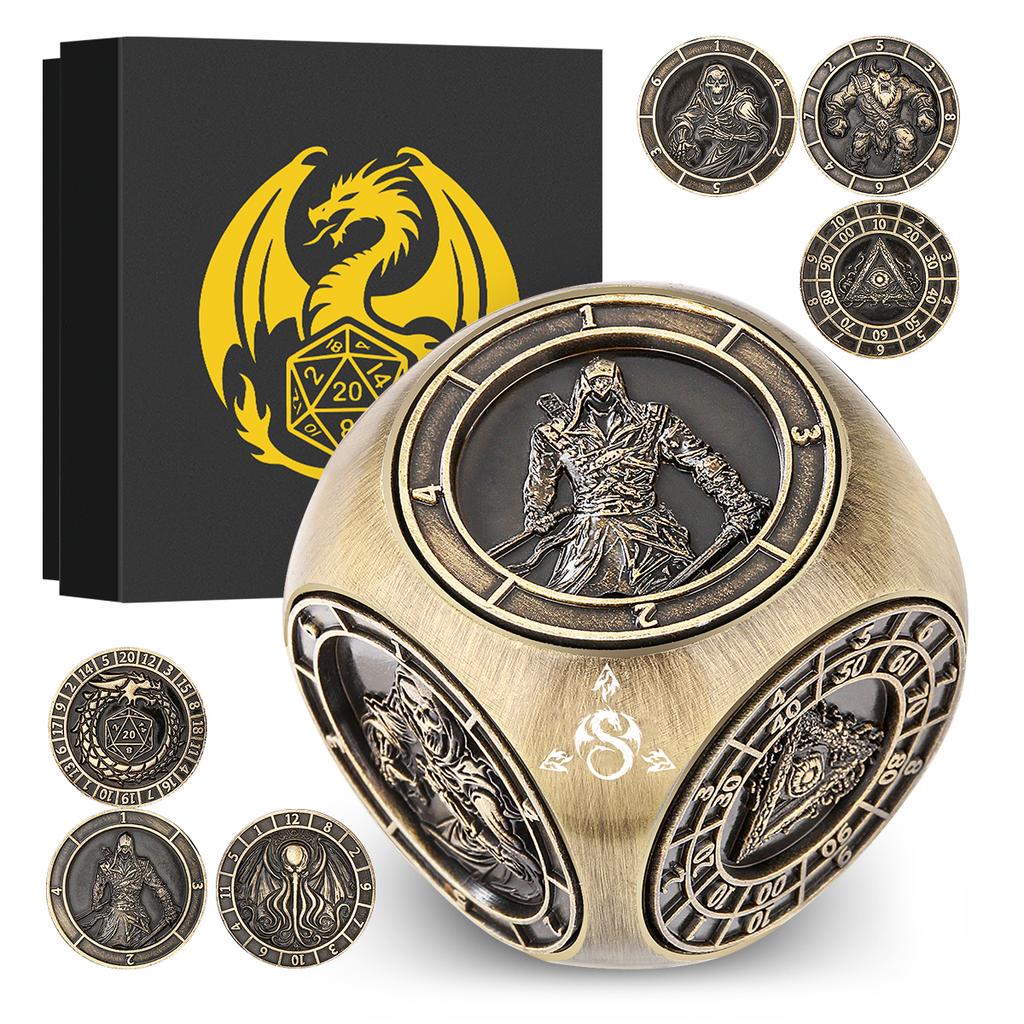 Partygeschenk Sechs-in-Eins Metall Drehende Würfel RPG Rollenspiel mit Sechs Verschiedenen Mustern Drehbarer Würfel D4/D6/D8/D10/D12/D20