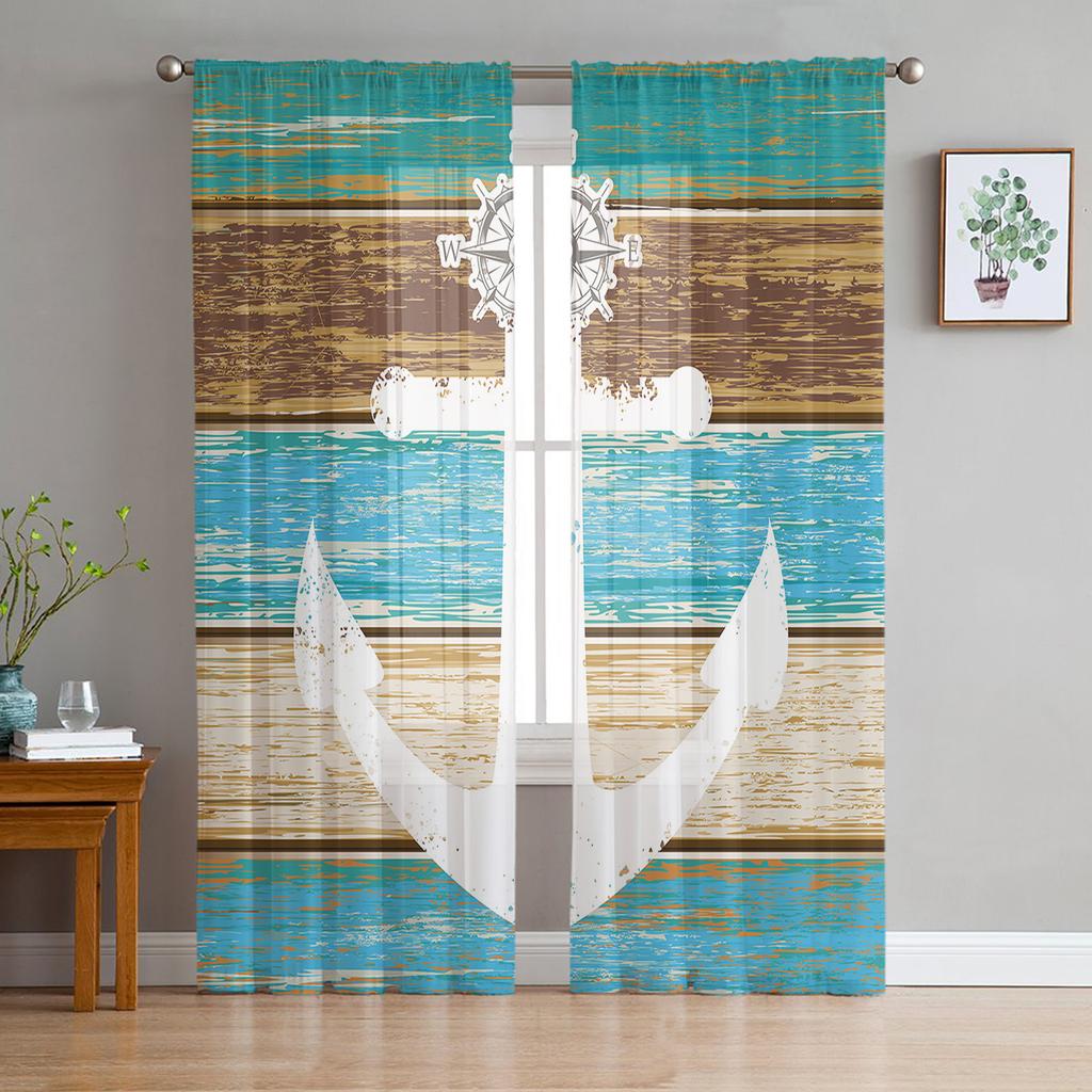 Vintage Farm Barn Wood Grain Boat Anchor Sheer Curtains for Living Room Modern Bedroom Voile Tulle Curtain Window Drapes