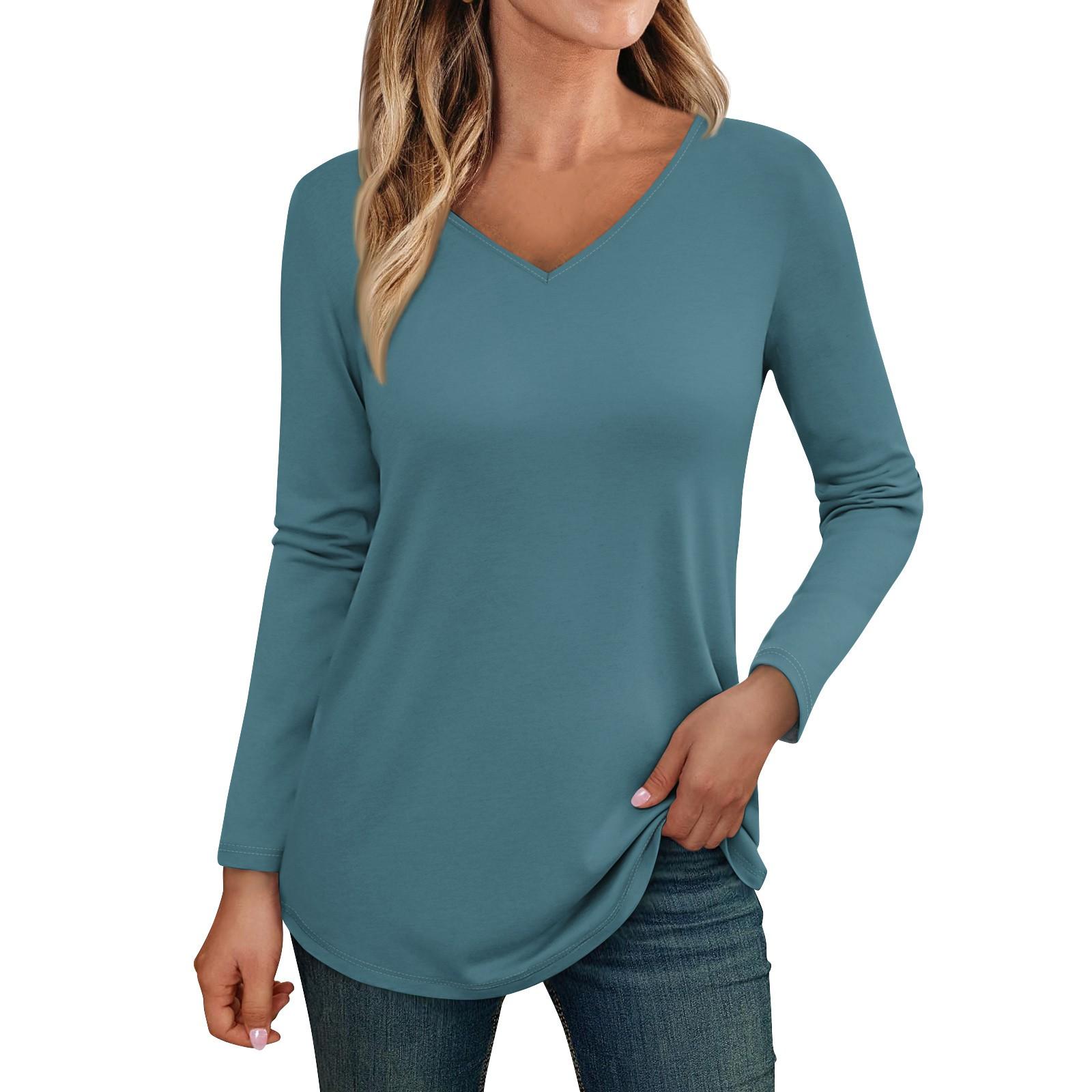 

Женские топы с длинными рукавами, рубашки с v-образным вырезом, повседневные базовые модные футболки, блузки, осенние наряды-туники, облегающие футболки M синий