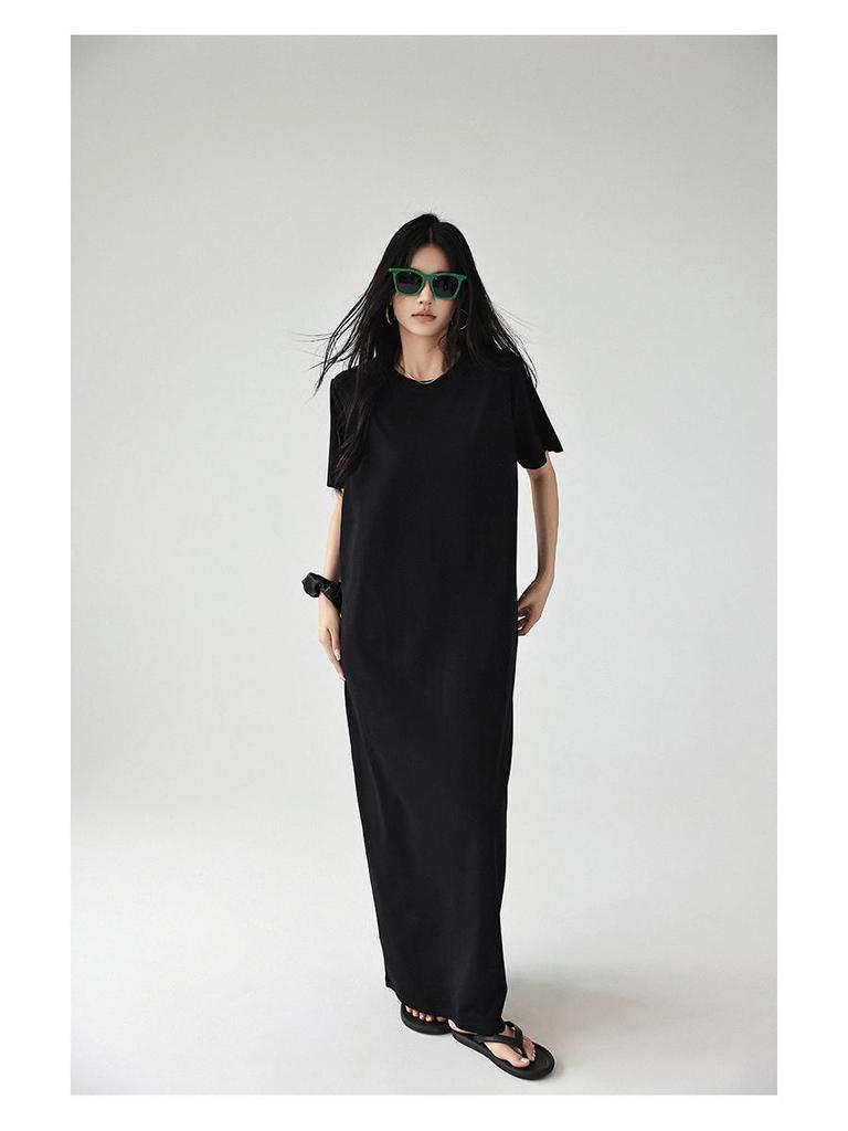 61035# FRESH UP Rochie Tricou Minimalistă Supradimensionată cu Mânecă Scurtă Subgenunchi Subțietoare