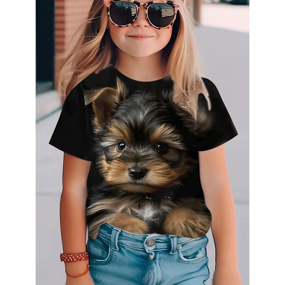 

Детская одежда для девочек с коротким рукавом, детские милые топы с принтом животных, повседневные, с круглым вырезом, летние 100