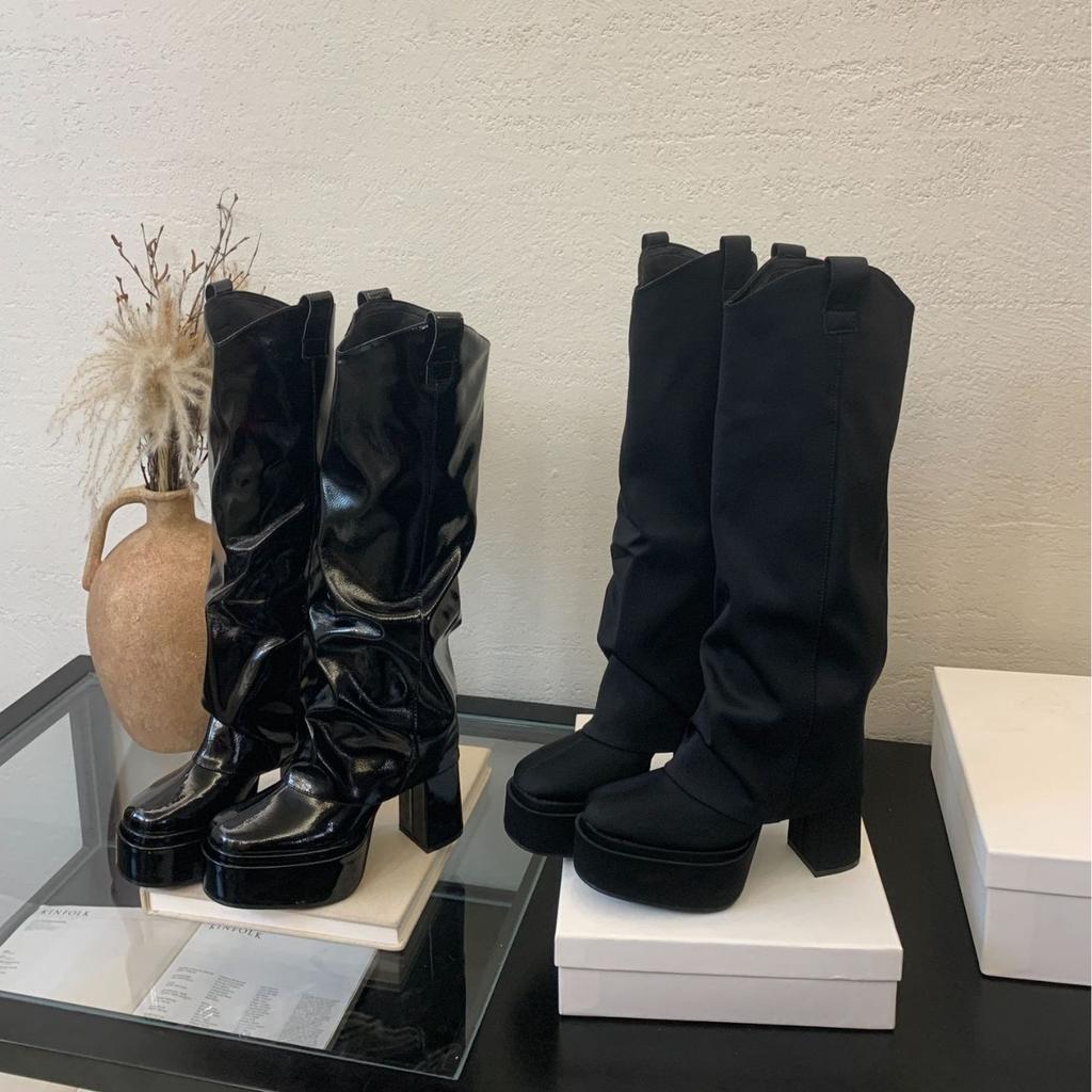 Boots 2025 autumn and winter new thick heel piled boots v-mouth western boots women's retro outer soft-soled trousers boots