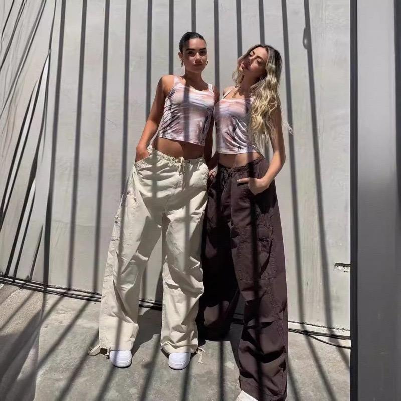 Calças Casual LUXEON Retro Lisas com Cordão Joggers Bolsudas Perna Larga Calças de Moletom Cintura Média Esportivas Y2k Unissex