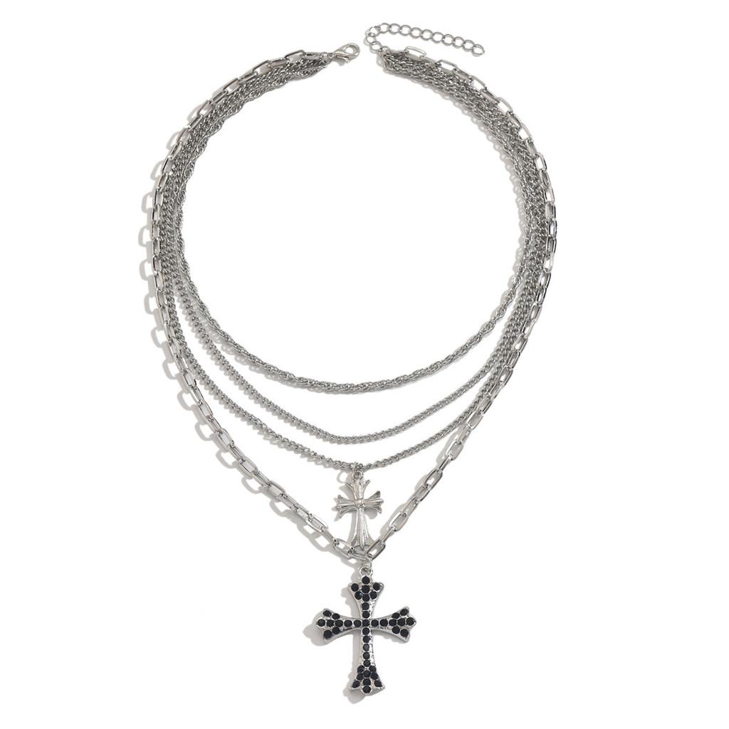Collier pendentif croix superposé hiphop pour femmes avec design géométrique en alliage