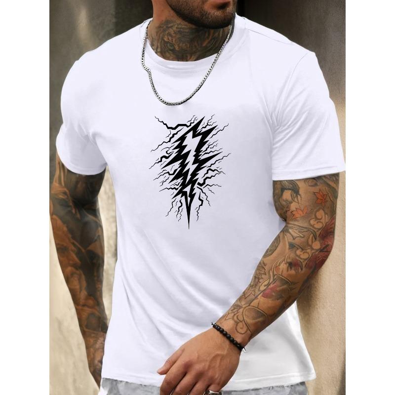 Europäische Größen Herren Kurzarm Weißes T-Shirt mit Blitzmuster für Sommer Freizeitkleidung
