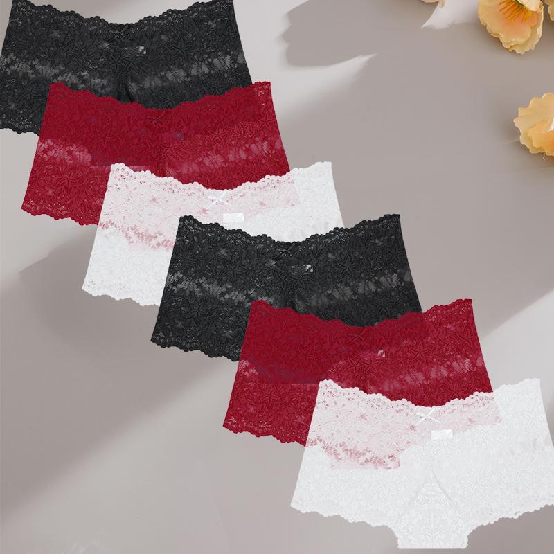 FINETOO 6 Stück/Set Damen Slips Aushöhlen Spitze Mittelhoch Elastisch Durchsichtig Sternspitze Vierkant-Hose Damen Unterhosen