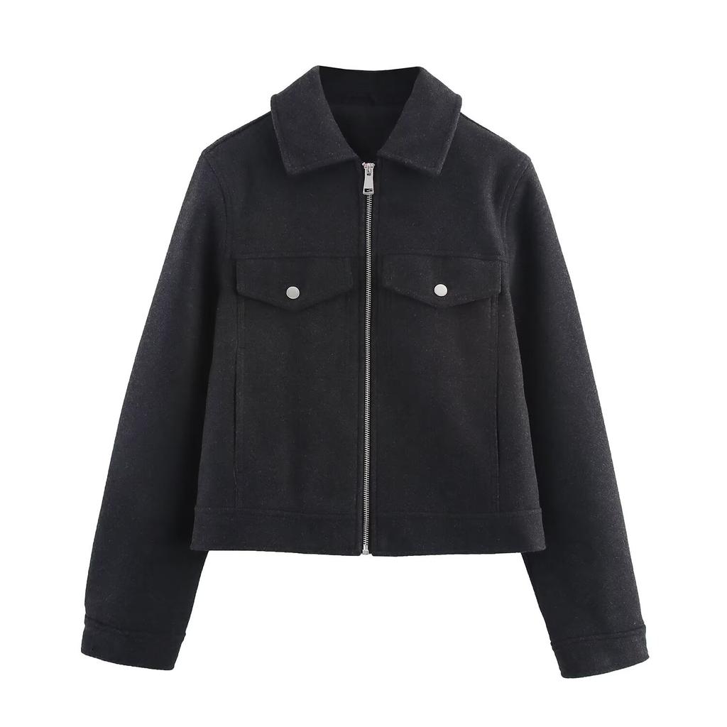 European and American Women's Clothing Autumn New Korean Commuter Style Versatile Soft Zipper Long-sleeved Short Woolen Jacket