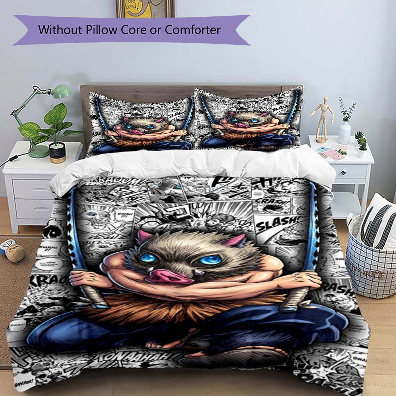 Set cuvertură de pilota 3 buc (1 * Husă de pilota + 2 * Față de pernă, Fără Miez), Set de așternut cu imprimeu Demon Slayer, Decor pentru dormitor, Pentru toate anotimpurile, Cadou de ziua de naștere