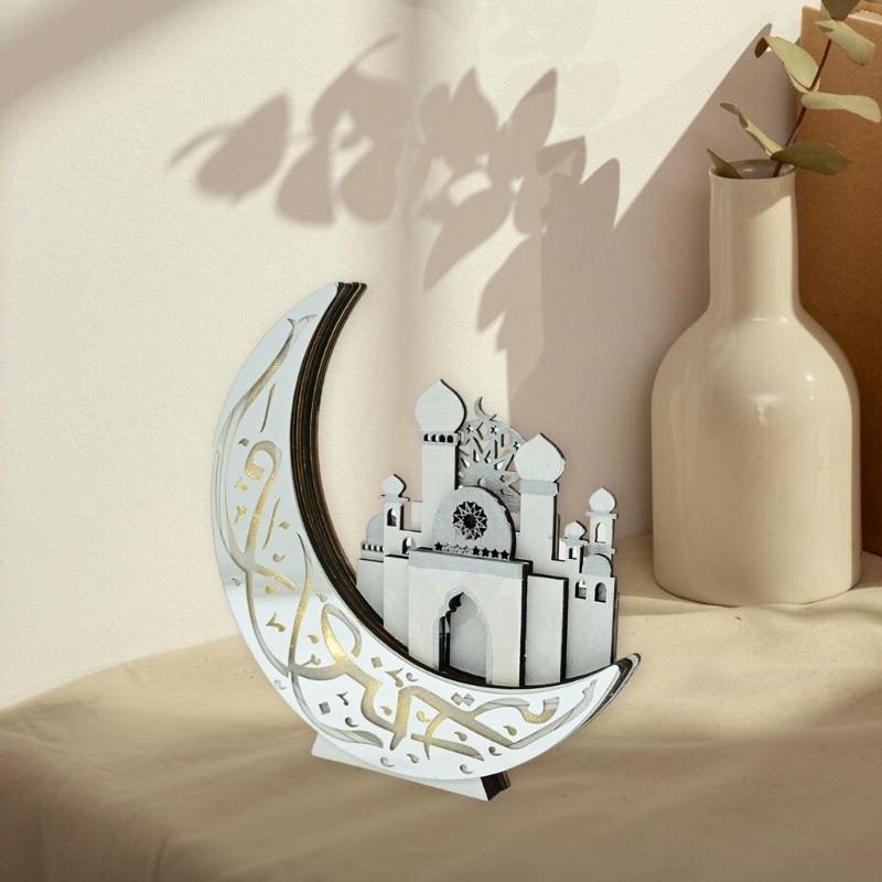 Eid Ramadans Wood Moon Castles Mosque Ornament with LED Light for Muslims Home Tabletop Decoration Festivals Party Gift