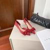 Pointed thin heels show high red festive bridal shoes wedding shoes show year side empty high heels bow