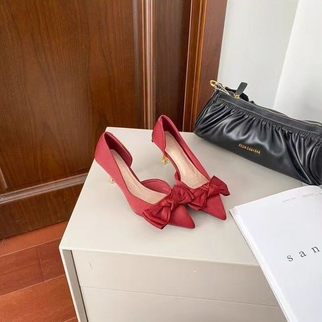 Pointed thin heels show high red festive bridal shoes wedding shoes show year side empty high heels bow