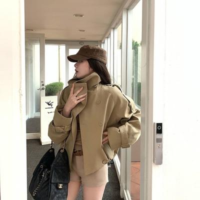 Khaki Stand-up Collar Short Trench Coat Women's New Spring and Autumn High-end Double-breasted British Style Jacket