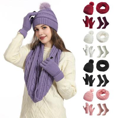 4 Stück/Set Damen Wintermütze Schal Handschuhe Socken Set Dickes Plüsch Gestricktes Warme Mütze Touchscreen-Handschuhe Elastischer Gehörschutz