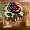 2D Flat, 1pc Round Rustic Farmhouse Aluminum Wall Art - Patriotic Red White & Blue Rose Design with Vintage American Flag-Inspired Stars & Stripes