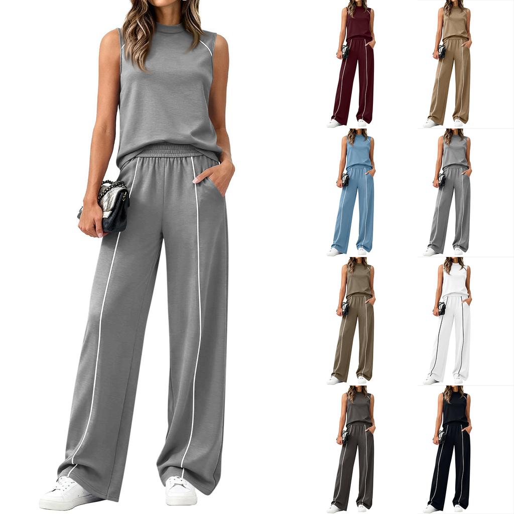 Women's Casual Fashion High-Neck Sleeveless Top And Wide-Leg Trousers Set