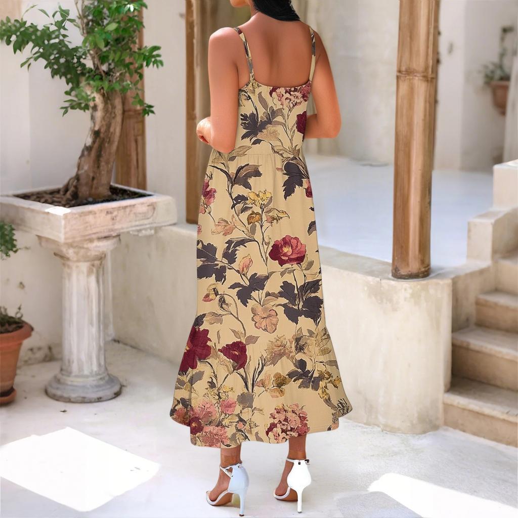 Women's Long Beach Casual Elegant Spaghetti Strap Maxi Dress Stitching Low-key Flowing Bohemian Dress