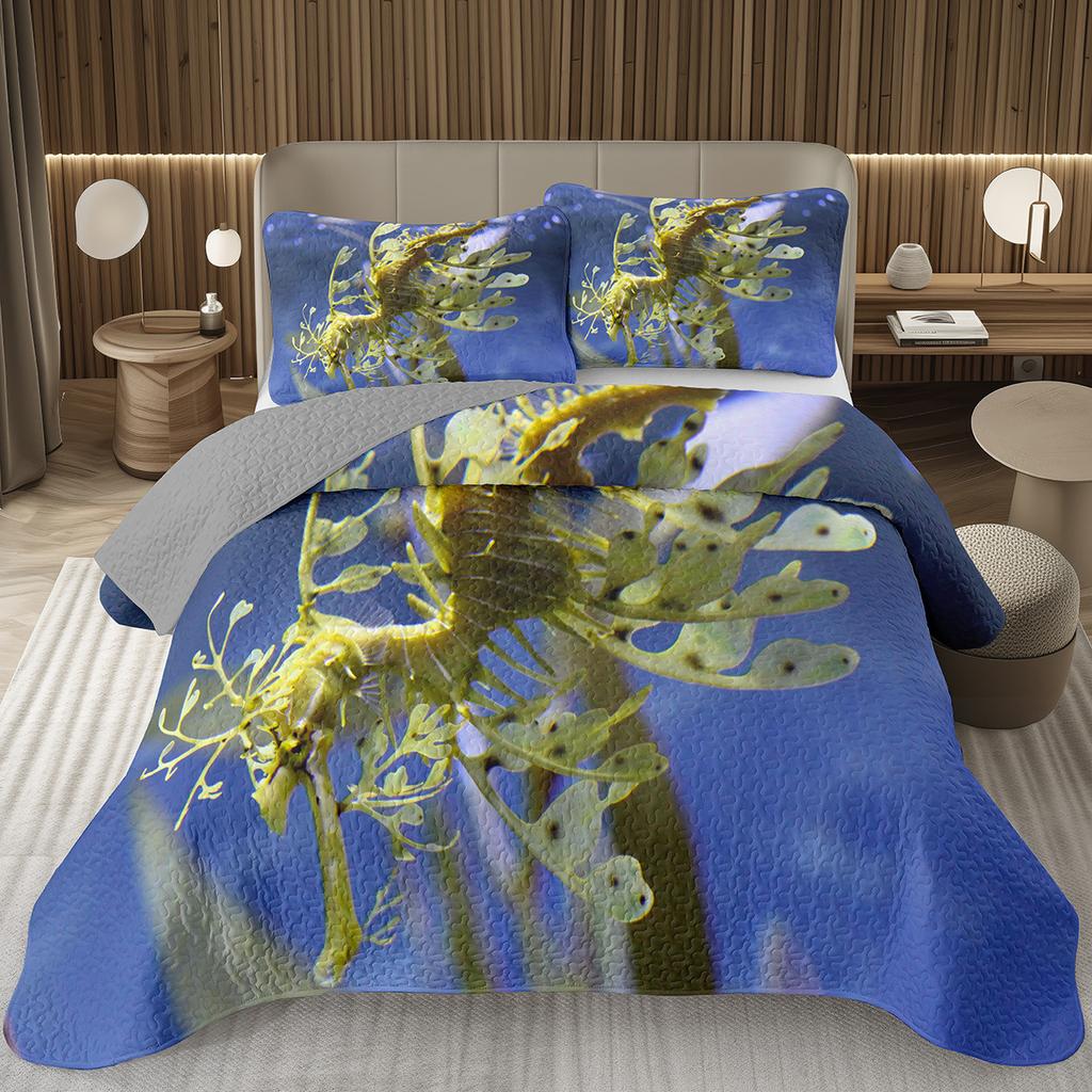 Comforter Seahorse Queen Size 3D Seahorse Printed Bedding Set Ocean Animal Quilted Marine Mediterranean Style Bed