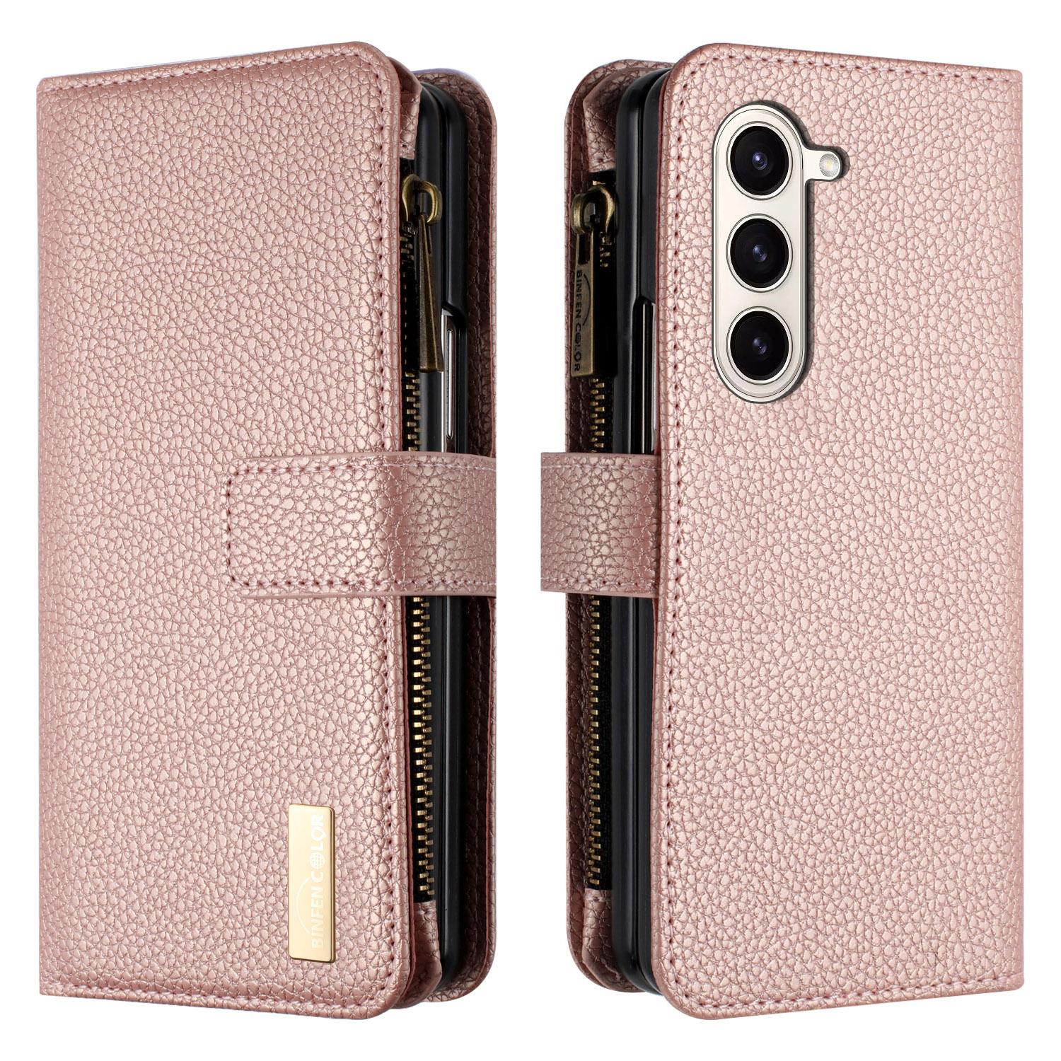 

For Samsung Galaxy Z Fold6 5G Case PU Leather Litchi Texture Zipper Phone Cover Rose Gold