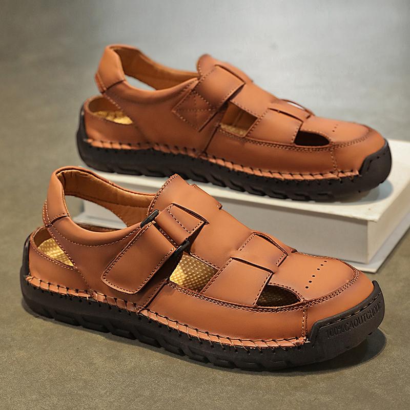 

Летние мужские кожаные пляжные сандалии. Мужские сандалии ручной работы с закрытым носком. 48 светло-коричневого