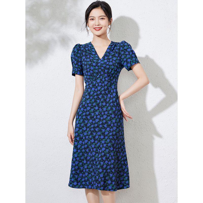 

Доступная роскошь Летнее платье-свинг Элегантное шифоновое платье с V-образным вырезом Flower color S