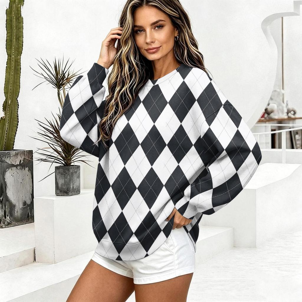Women's Casual Fashion Diamond Print Crew Neck Sweatshirt