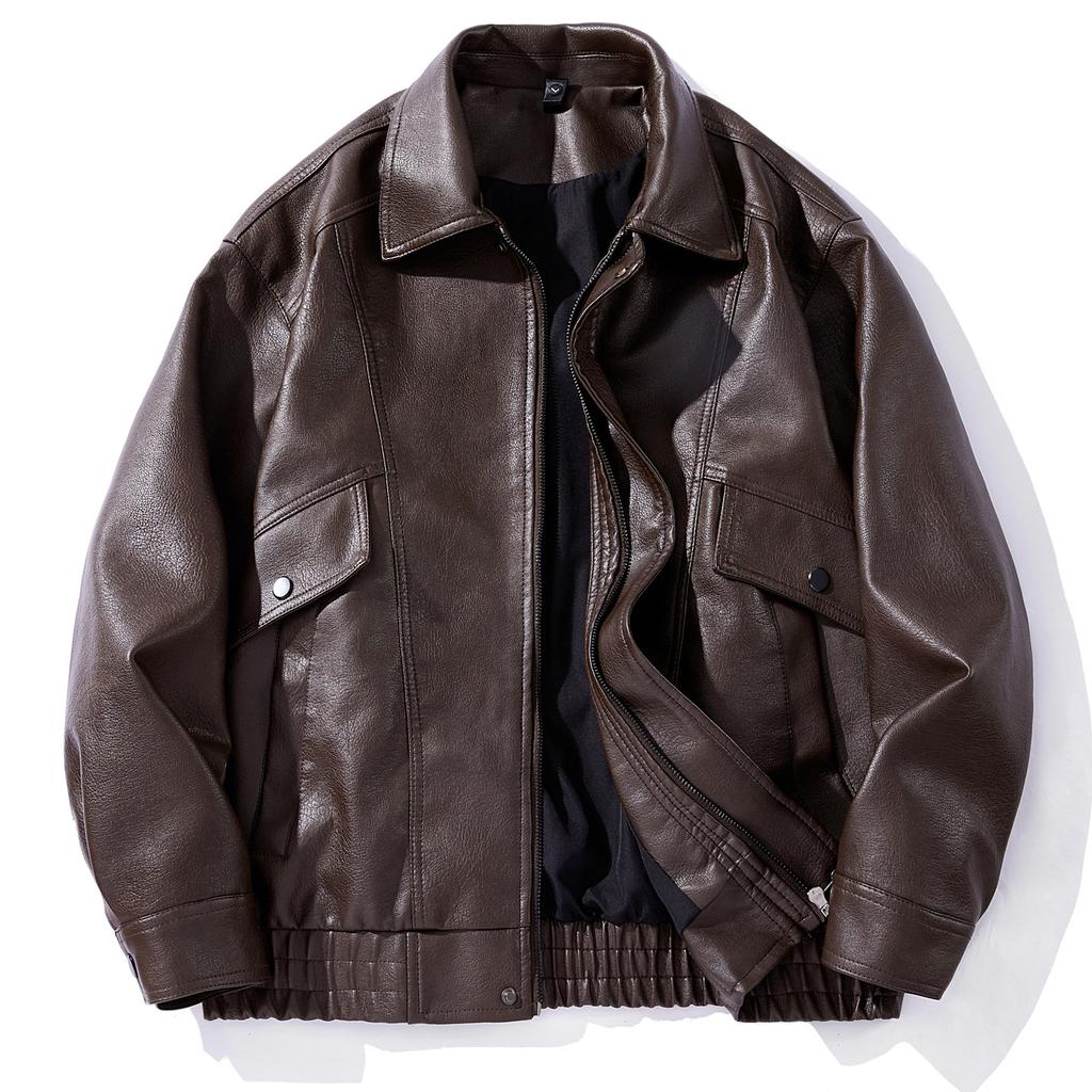 Lapel locomotive men's leather jacket spring and autumn Europe and America loose thin travel leather jacket men's loose jacket
