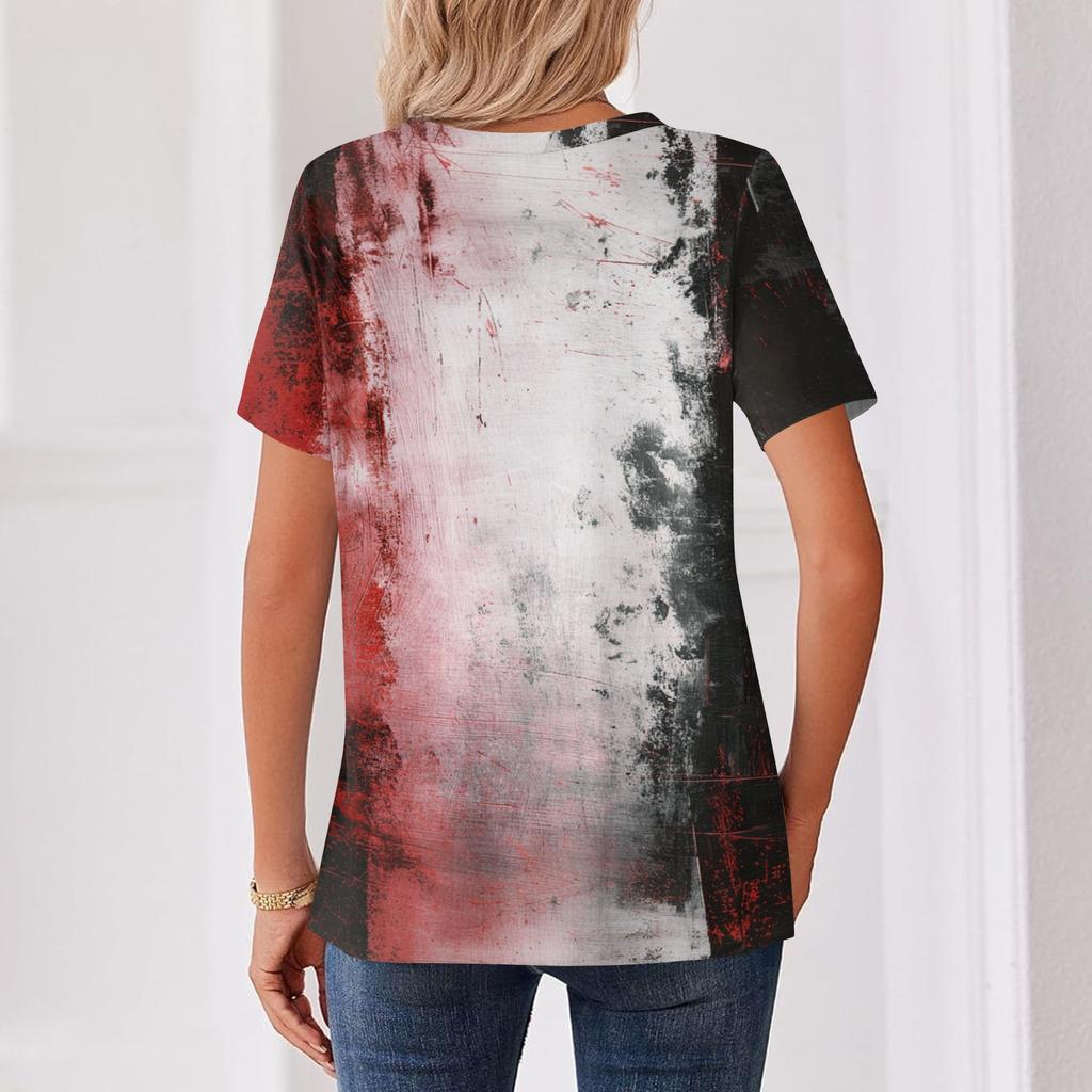 Women's Casual Short Sleeve V Neck T Shirt with Decorative Buttons Halloween Print Relaxed Fit Top for Everyday Wear