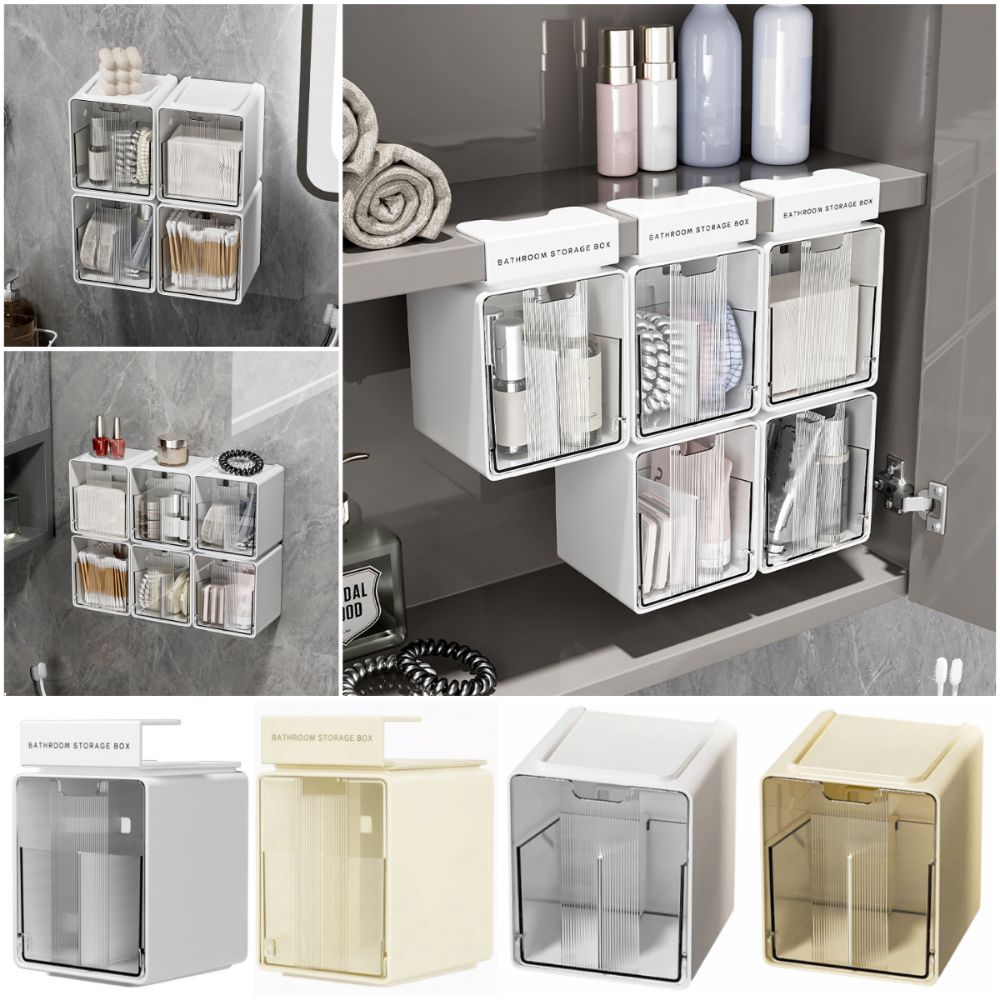 Compartmentalized Cosmetic Storage Box Yellow White Plastic Sorting Storage Box Hanging Design No-drill Pull-Out Storage Drawer