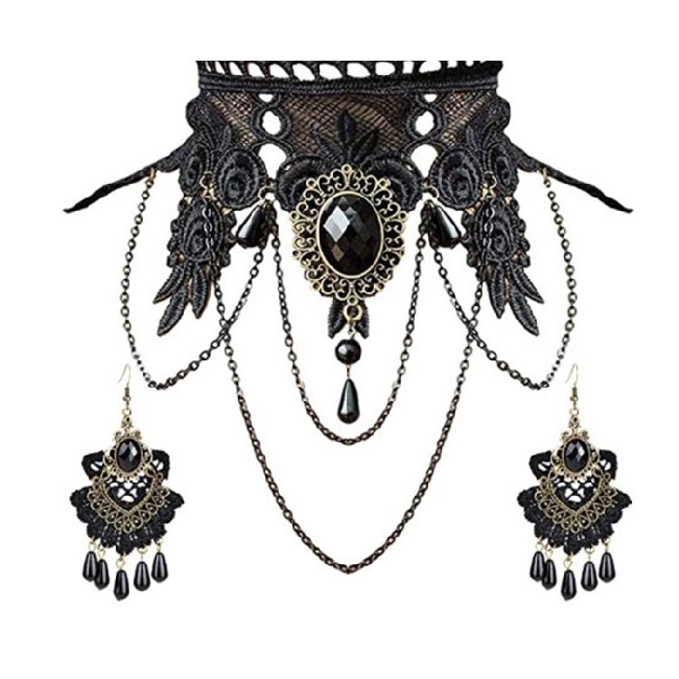 Halloween Jewelry Set for Women Gothic Black Lace Choker Necklace with Earrings
