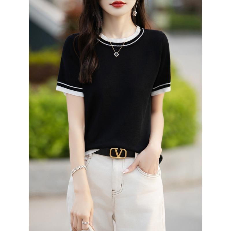 Women's Summer Thin Color Matching Round Neck Short Sleeve Knitted Bottom Top