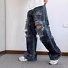American high street inkjet ripped jeans men's and women's street trendy brand heavy industry washed fried street loose wide-leg straight-leg pants