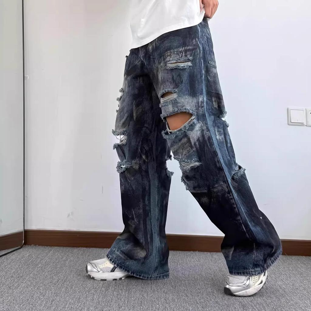 American high street inkjet ripped jeans men's and women's street trendy brand heavy industry washed fried street loose wide-leg straight-leg pants