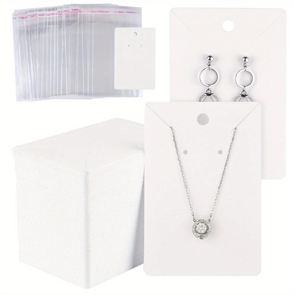 200pcs Set, White 100pcs Jewelry Display Cards with 100pcs Clear Bags, Necklace Earring Card Holders for Selling Jewelry Packaging Supplies