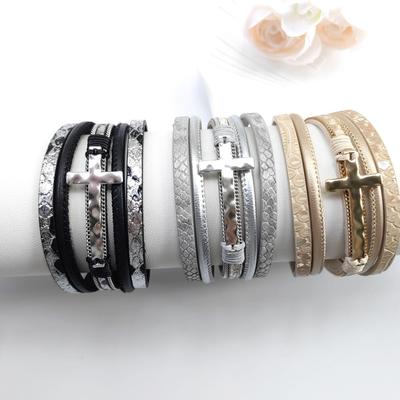 Women's European-American Fashion Multi-layer Leather Bracelet with God Cross and Magnetic Buckle