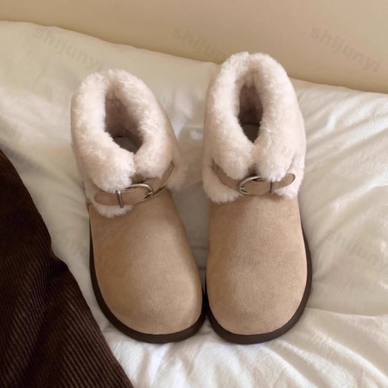 Fashion Women's Short Boots Winter Buckle Strap Plush Thicken Non Slip Cotton Shoes Comfort Tumed-over Edge Platform Snow Boots