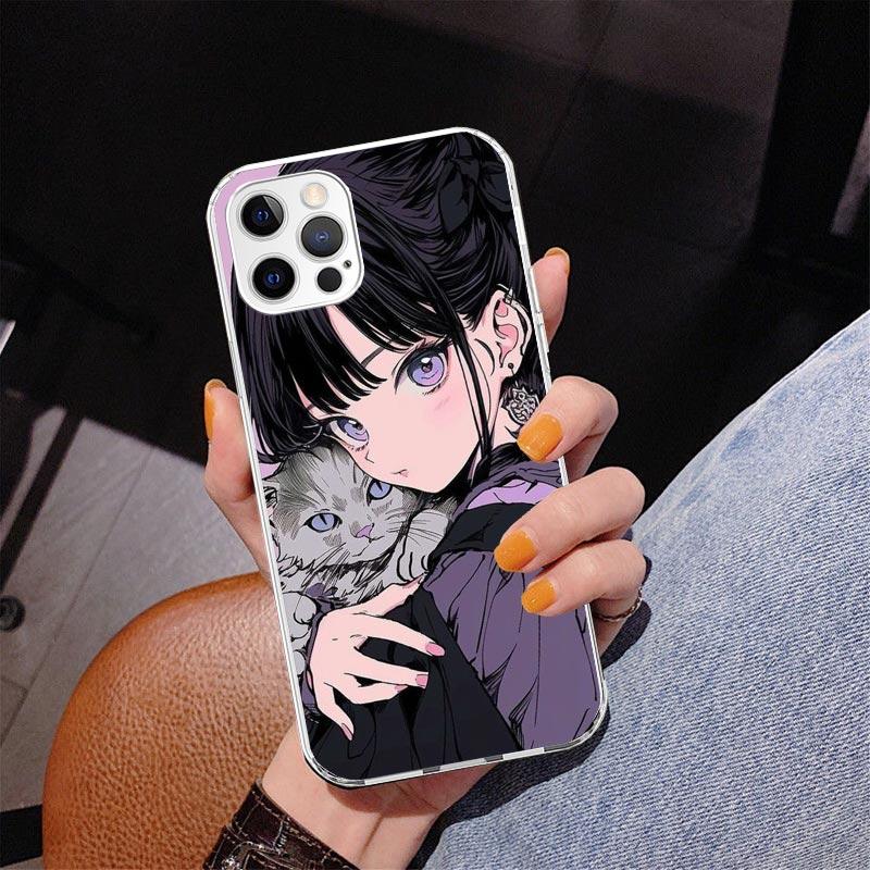 Anime Girls Cute Black Cat Phone Case For iPhone 17 Air 16 Pro Max 16E 15 + 14 Plus 11 12 13 Mini 7 8 SE Gift Print Cover Fundas