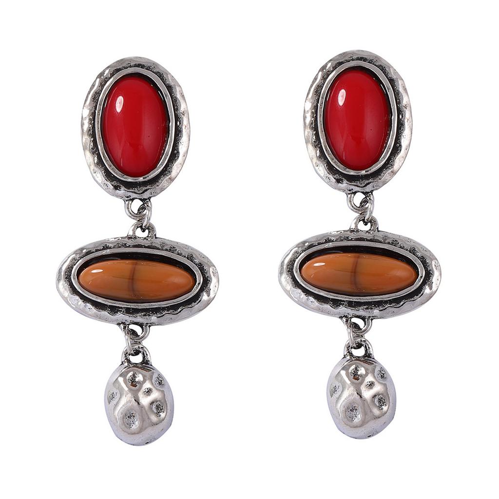 Literary retro personality trend alloy geometric resin oval splicing earrings versatile light luxury women's accessories