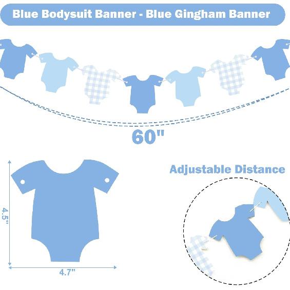 Blue Gingham Baby Shower Banner, Bodysuit Paper Garland with Clothesline, Boy or Girl Banner Baby Shower Decoration