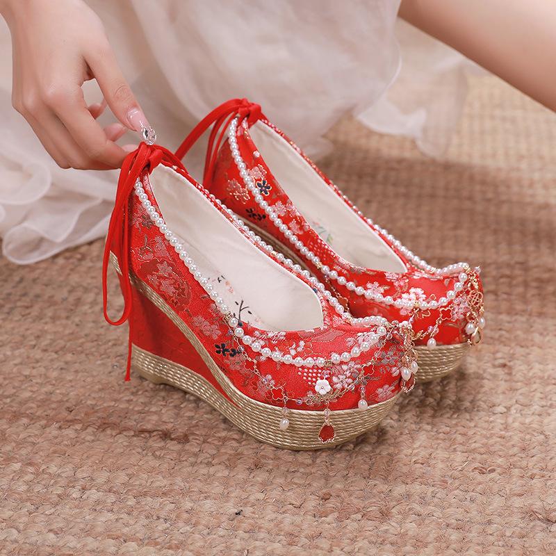 Chunxin ancient style women's shoes Hanfu shoes ethnic style slope heel ancient style heel waterproof table embroidered shoes national style cloth