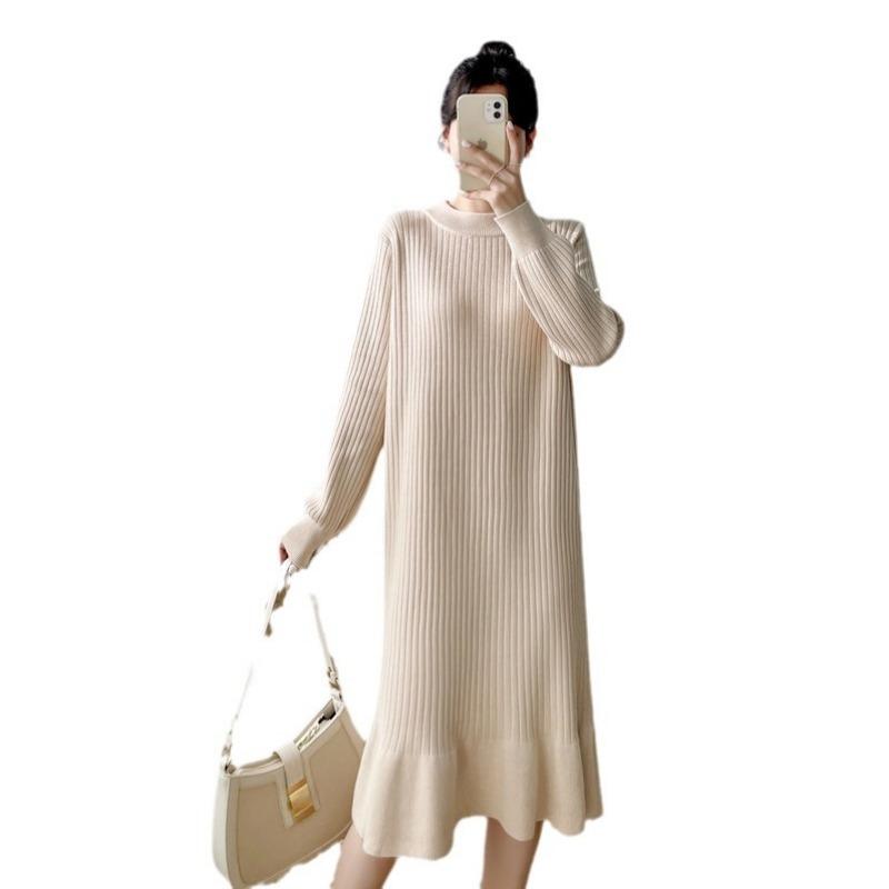 Autumn and Winter New Maternity Knitted Dress Women's Fashion and Thin Temperament with Coat Backing Sweater Medium and Long Dress