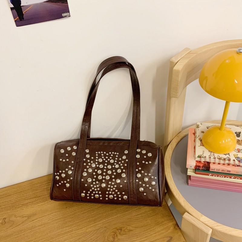 

Super Popular Niche High-end Armpit Rivet Bag Women s Large-capacity Retro Commuting Portable Shoulder коричневий