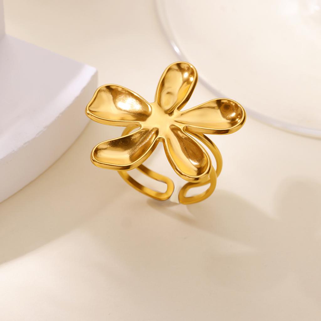 Stainless Steel Flower Rings For Women Girls 18K Gold Plated Flower Open Ring 2025 Trendy New Waterproof Jewelry Wedding Gifts