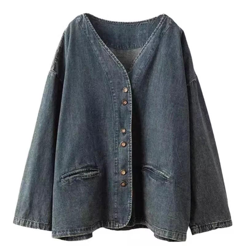 Johnature Dámský podzimní vintage kabát s dlouhým rukávem, módní véčkový výstřih, volný kovbojský kabát, ležérní vintage retro osobitý kabát