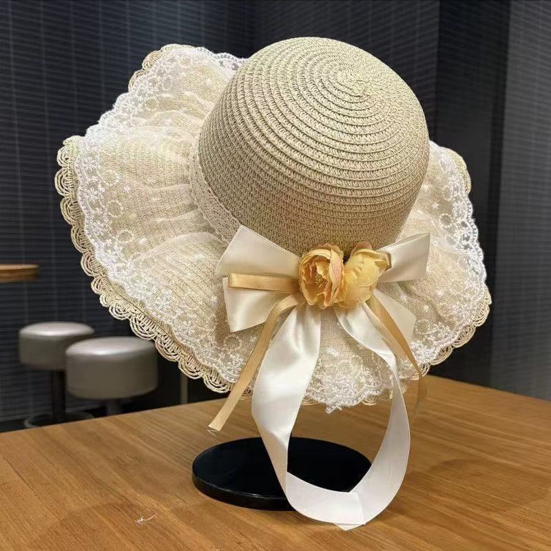 Weaving Lace Bow Sun Hat With Wide Brim For Beach And Vacation