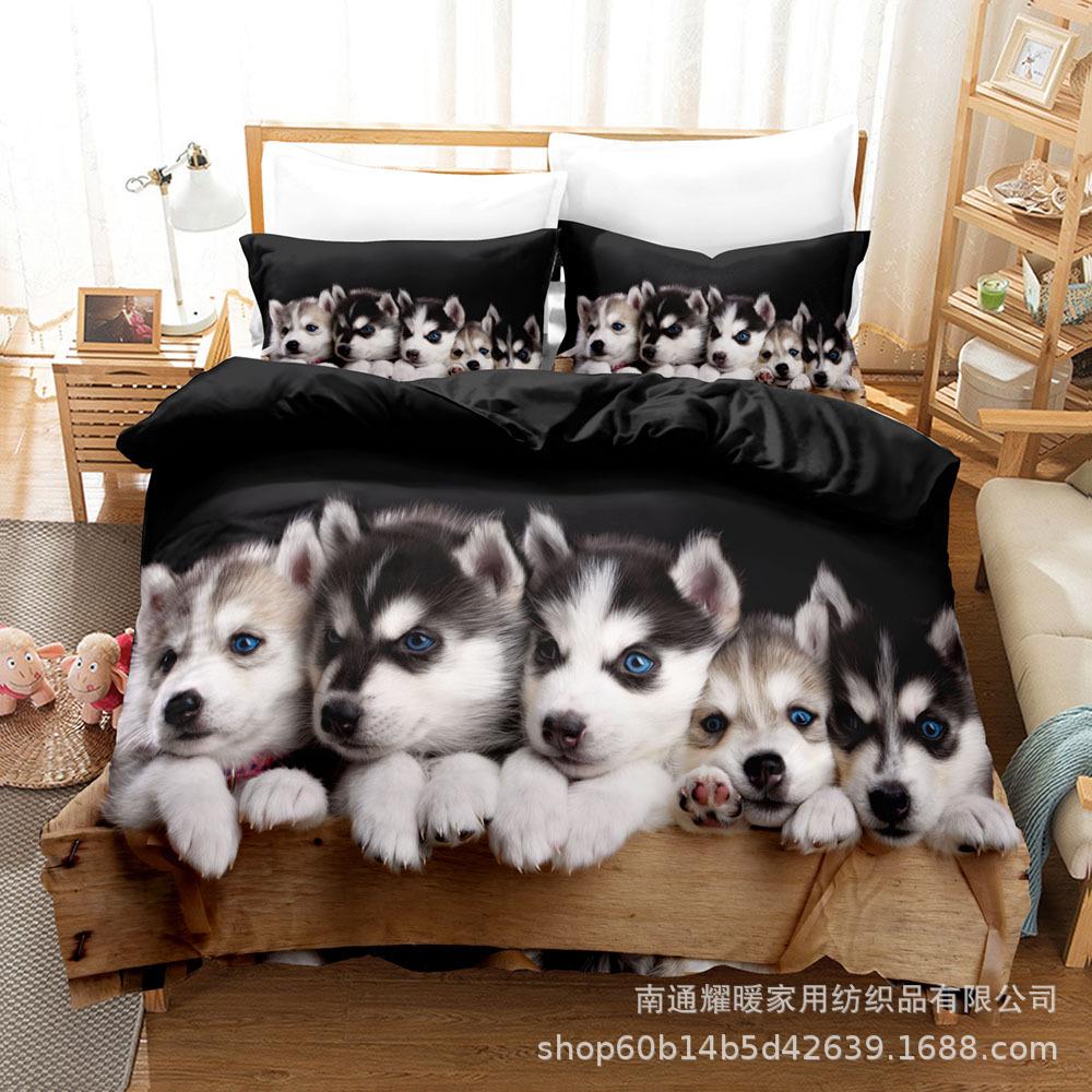 3D Digital Printing Bedding Four-Piece Set Three-Piece Set Dog Black Bed Sheet Quilt Pillow
